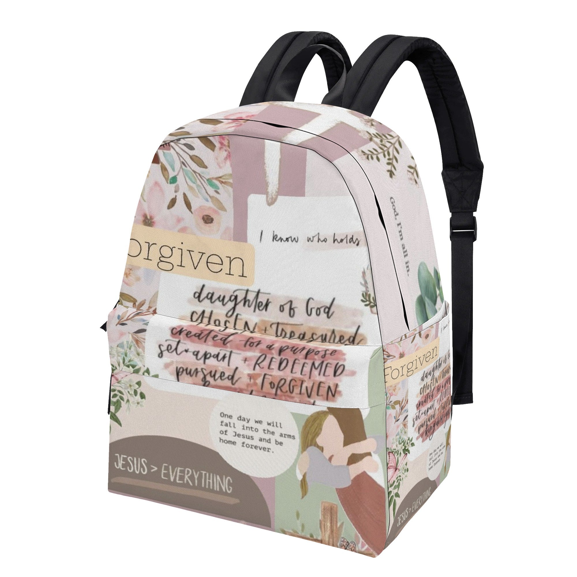 Christian Girl Backpack with Bible Verses, Floral Faith Quotes, Forgiven & Chosen Design. PLAF30